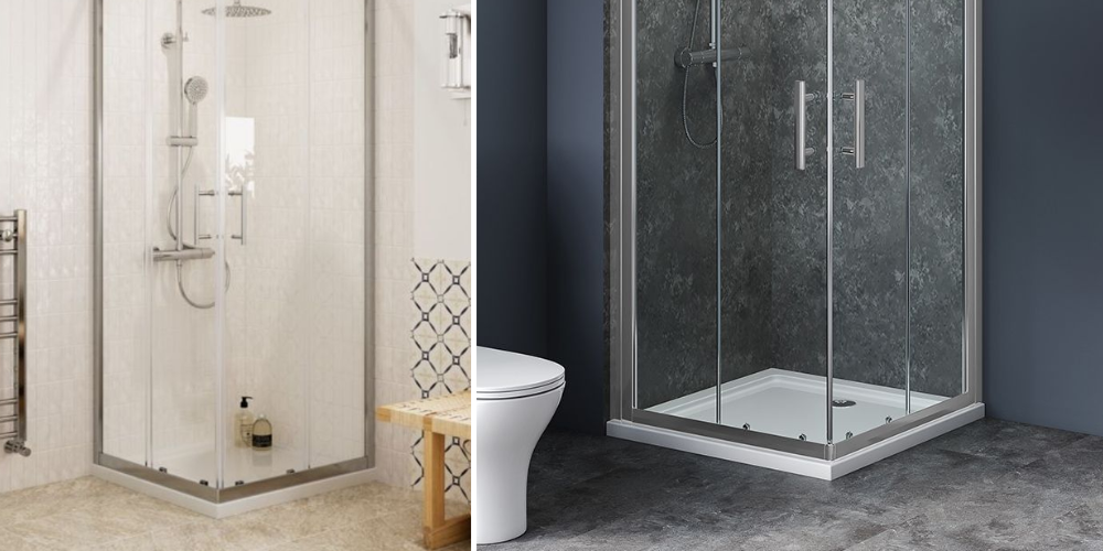 Two modern shower enclosures side by side: light tile with wooden bench, dark walls with clean design