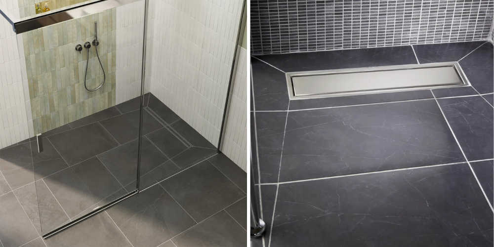 Split image of modern shower floors: left glass-walled shower with grey tiles, right dark tiles with linear drain