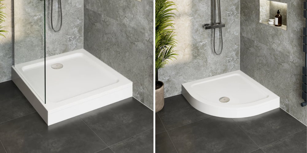 Two modern shower trays: left square, right quadrant, both with textured grey tile walls and black floors