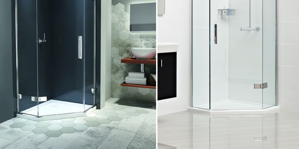 Split image of modern showers with glass enclosures: left hexagonal tiles and dark wall, right white tiles with clean lines