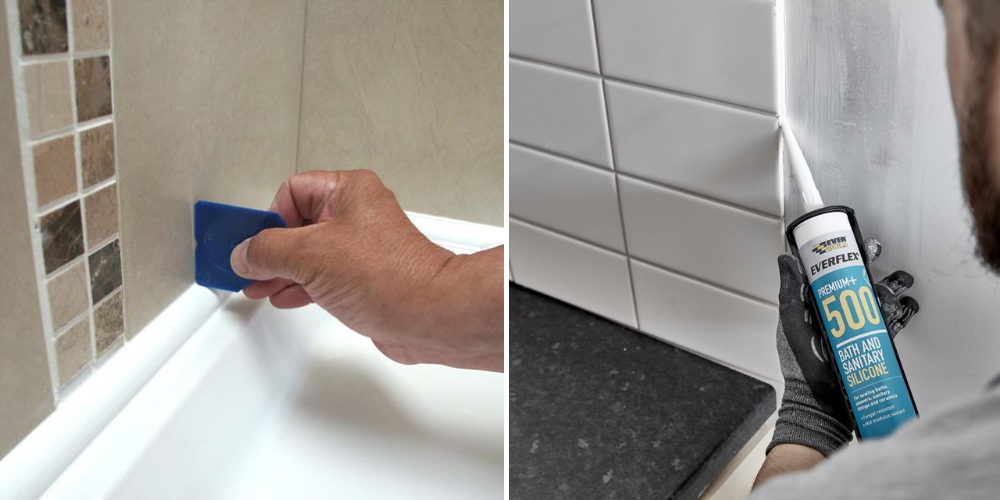 Split image of bathroom renovation: smoothing white sealant on mosaic tiles and applying silicone in tile seams.