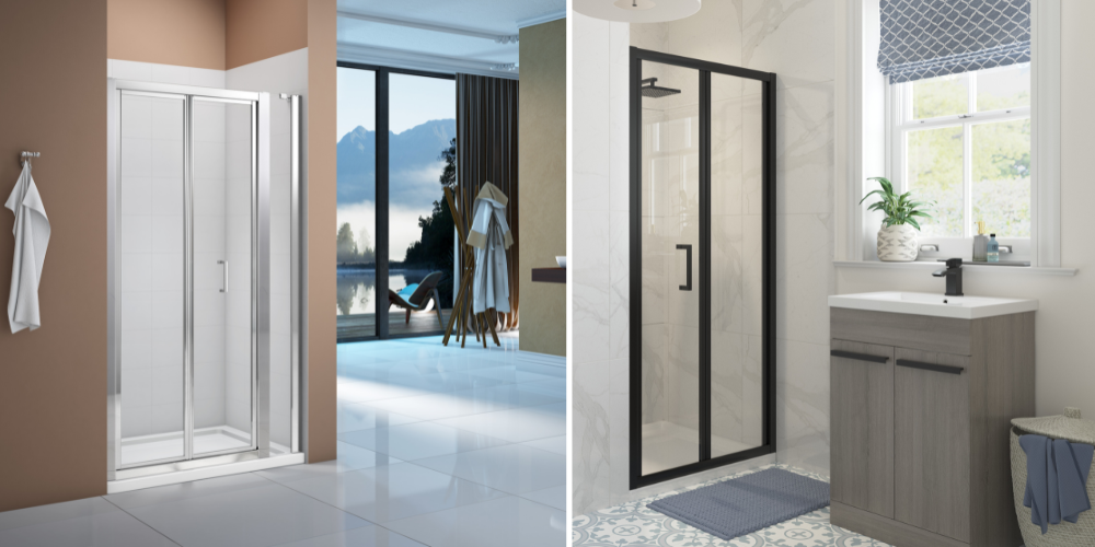 Two bifold shower enclosures: left glass shower with beige walls and mountain view, right black-frame shower with patterned floor and white sink.