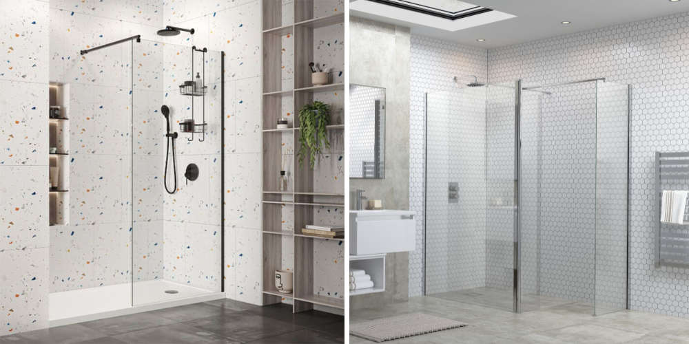Two clear glass shower designs: left terrazzo tiles with black fixtures and shelving, right grey tiles with minimalistic glass panels.