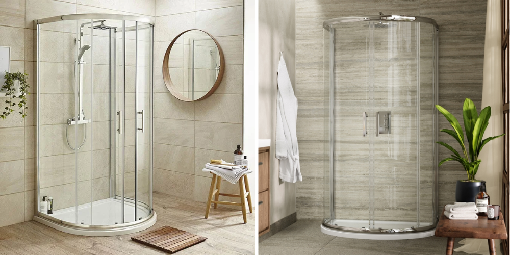 Two D-shaped glass shower enclosures: left wooden mat and mirror, right plant and towel rack.