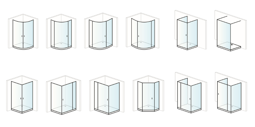 Illustration of 12 shower enclosures in two rows, various shapes including curved and rectangular with glass panels and frames.