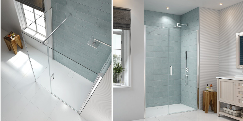 Frameless glass shower with light teal tiles, natural light from window, clean inviting bathroom.