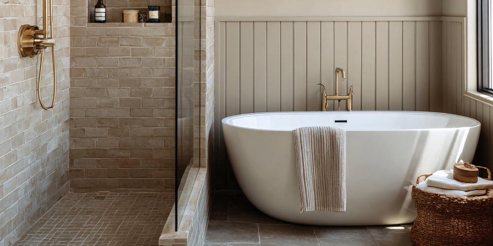 Freestanding pedestal tub with striped towel and woven basket, adjacent to glass-enclosed shower with beige tiles.