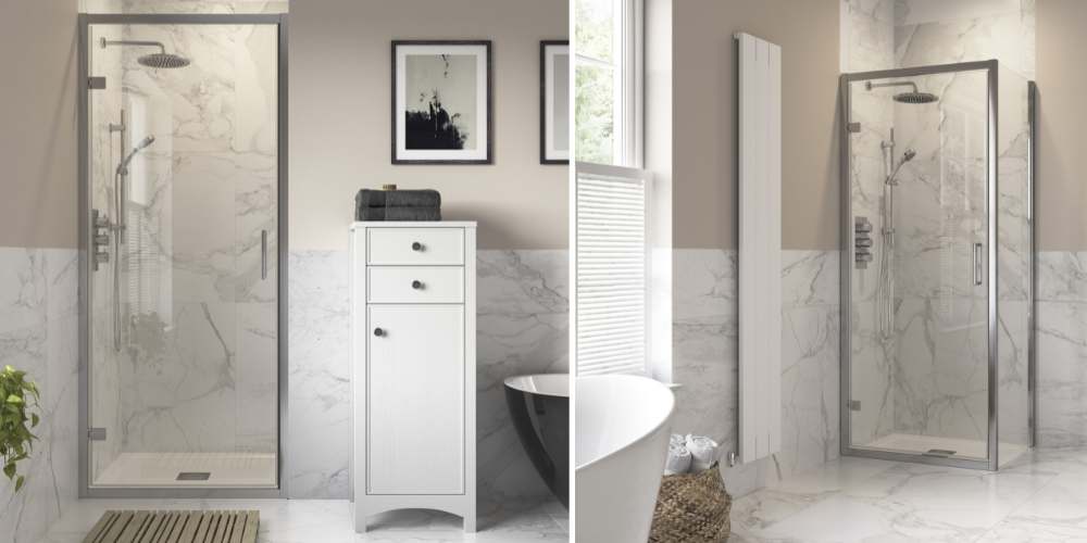 Glass hinged shower door, marble walls, sleek vanity, and small window letting in light for calm bathroom.