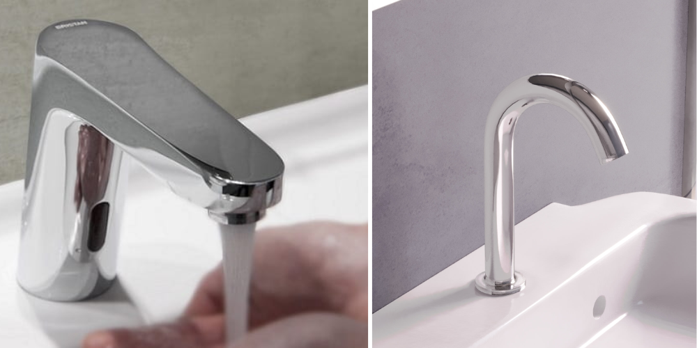Split image of hands-free taps: left short faucet with water flowing onto hand, right tall curved faucet on white sink.