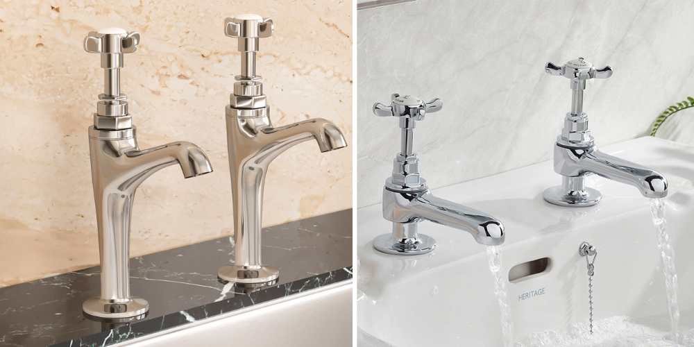 Split image of chrome pillar taps: left sleek faucet, right traditional cross-handle tap with flowing water.