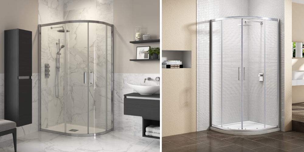 Two quadrant shower enclosures: left marble backdrop with open glass doors, right tiled walls with closed doors.