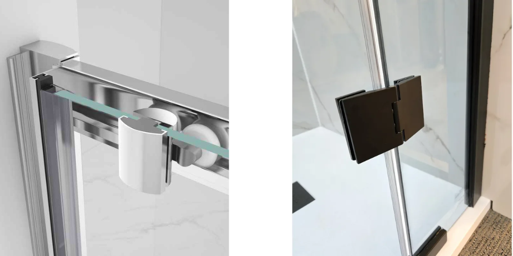 Two shower door hinges: left silver sliding hinge, right black pivot hinge, both sturdy and sleek.