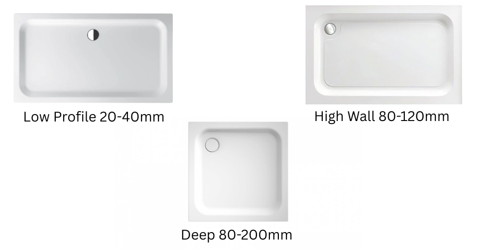 Three shower bases: low-profile rectangle (20-40mm), high-wall rectangle (80-120mm), deep square tray (80-200mm).