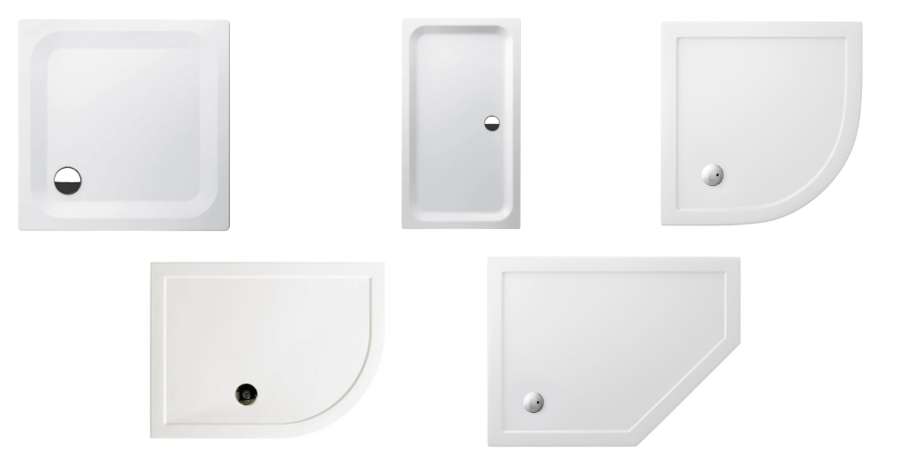 Five shower trays in square, rectangular, quadrant, D-shaped, and pentagonal shapes, all white with visible drains.