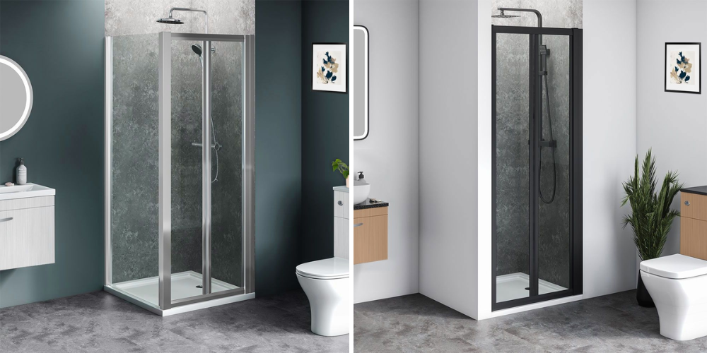 Split image: left silver-framed corner shower with grey walls, white vanity, round mirror; right black-framed alcove shower with wooden cabinets and plant.