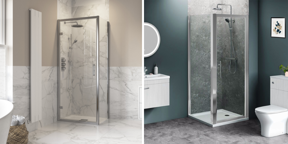 Two square bathrooms: left marble-tiled shower with glass door, right grey-tiled shower with sleek design.