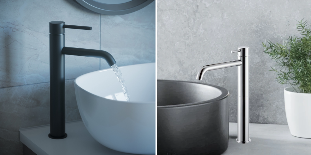 High-rise basin mixer taps: left black faucet above white basin, right silver faucet above dark basin with potted plant.