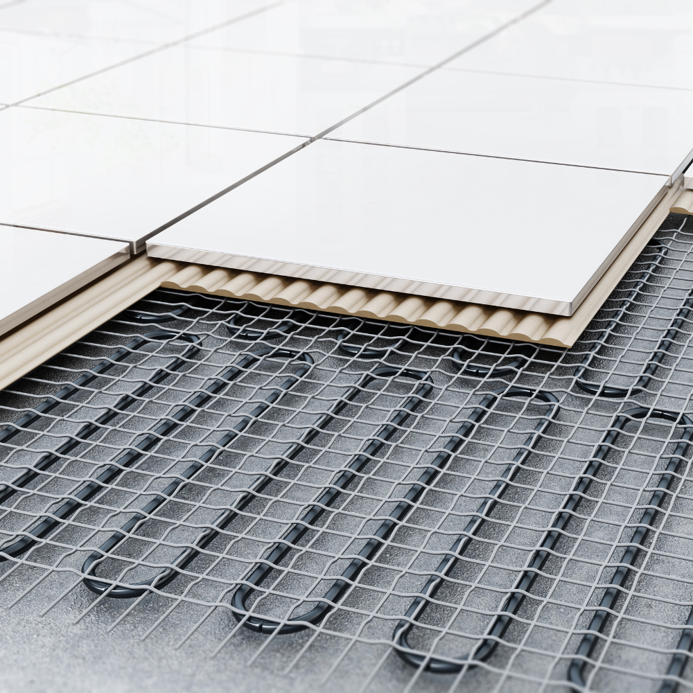 Cross-section of tiled floor showing adhesive, insulation, and underfloor heating wires in grid pattern.