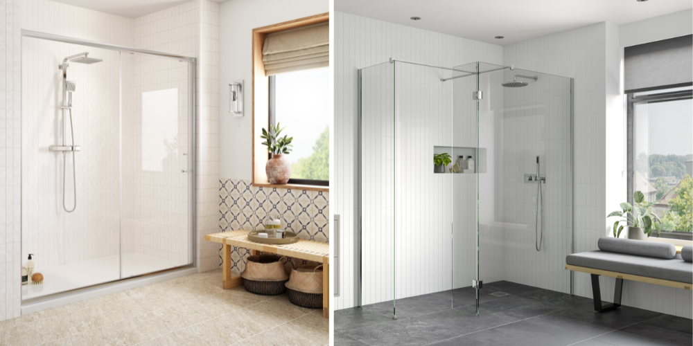 Split image: left tiled shower with bench and baskets; right glass shower with plants and bench by large window.
