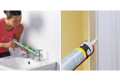 Woman waterproof sealing a sink and shower enclosure