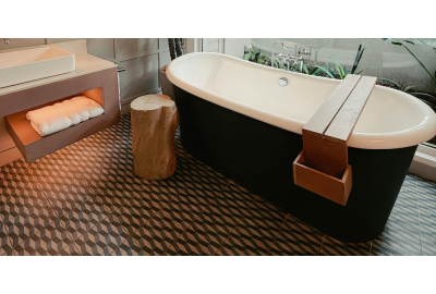 Modern freestanding bath with bath tray and wood affect