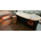 Modern freestanding bath with bath tray and wood affect