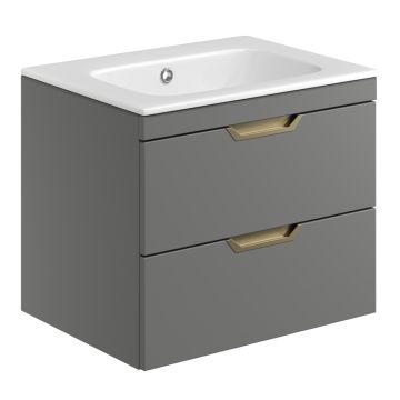 Ella Rowe Belle 600mm Wall Hung 2 Drawer Vanity Unit & Worktop - Matt Grey