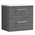 Nuie Arno 600mm 2 Drawer Wall Hung Vanity Unit & Sparkling White Worktop - Anthracite Woodgrain