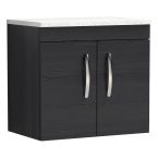 Nuie Athena 800mm 2 Door Wall Hung Cabinet & Sparkling White Worktop - Charcoal Black Woodgrain