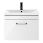 Nuie Athena 600mm 1 Drawer Wall Hung Vanity Unit With Basin & Black D Handle - Gloss White