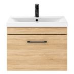 Nuie Athena 600mm 1 Drawer Wall Hung Vanity Unit With Basin & Black D Handle - Natural Oak