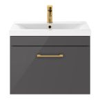 Nuie Athena 500mm 1 Drawer Wall Hung Vanity Unit With Basin & Brass D Handle - Gloss Grey