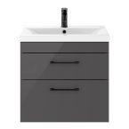 Nuie Athena 500mm 2 Drawer Wall Hung Vanity Unit With Basin & Black D Handle - Gloss Grey