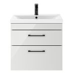Nuie Athena 600mm 2 Drawer Wall Hung Vanity Unit With Basin & Black D Handle - Gloss Grey Mist