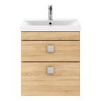Nuie Athena 600mm 2 Drawer Wall Hung Vanity Unit With Basin & Square Knob - Natural Oak