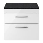 Nuie Athena 600mm 2 Drawer Wall Hung Cabinet & Sparkling Black Worktop - Gloss White