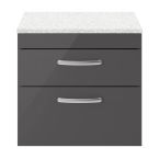 Nuie Athena 600mm 2 Drawer Wall Hung Cabinet & Sparkling White Worktop - Gloss Grey