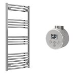 Reina Capo Electric Curved Towel Radiator with Chrome Mini Round Thermostatic Element 500mm x 1200mm - Chrome