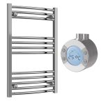 Reina Capo Electric Curved Towel Radiator with Chrome Weekly Thermostatic Element 400mm x 800mm - Chrome