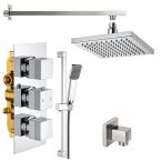 Cubex Triple Square Concealed Thermostatic Shower Valve with Outlet Elbow, Sliding Rail Kit, Wall Arm and Fixed Head