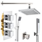 Cubex Triple Square Concealed Thermostatic Shower Valve with Outlet Elbow, Sliding Rail Kit, Wall Arm, Fixed Head and Wall Mounted Shower Kit with Outlet
