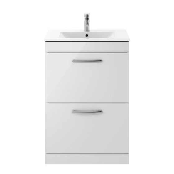 Nuie Athena 600mm 2 Drawer Floor Standing Cabinet & Minimalist Basin - Gloss Grey Mist