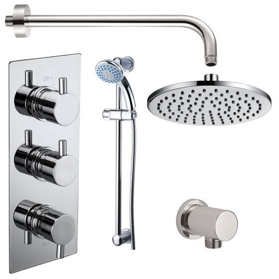 Electra Triple Round Concealed Thermostatic Shower Valve with Outlet Elbow, Sliding Rail Kit, Wall Arm and Fixed Head