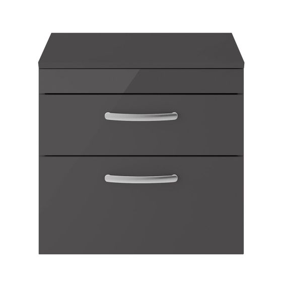 Nuie Athena 600mm 2 Drawer Wall Hung Cabinet & Worktop - Gloss Grey