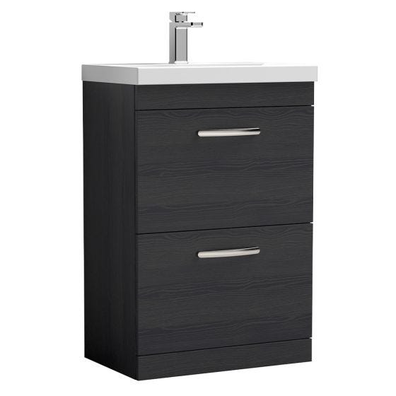 Nuie Athena 600mm 2 Drawer Floor Standing Cabinet & Thin-Edge Basin - Charcoal Black Woodgrain