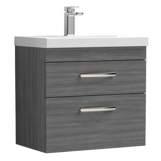 Nuie Athena 600mm 2 Drawer Wall Hung Cabinet & Mid-Edge Basin - Anthracite Woodgrain