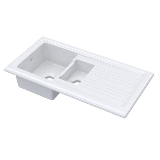 Nuie Fireclay 1.5 Bowl Inset Sink with Ridged Drainer & Central Waste 1010mm - White