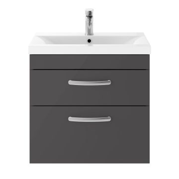 Nuie Athena 600mm 2 Drawer Wall Hung Cabinet & Mid-Edge Basin - Gloss Grey