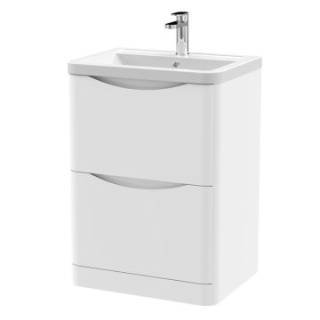 Nuie Lunar 600mm Floor Standing 2 Drawer Vanity Unit & Ceramic Basin - Satin White