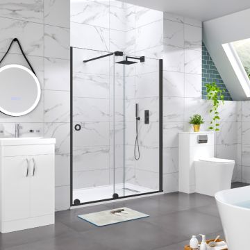 Azzio 8mm Recess Sliding Wetroom Panel 1000mm Black - 2000mm High